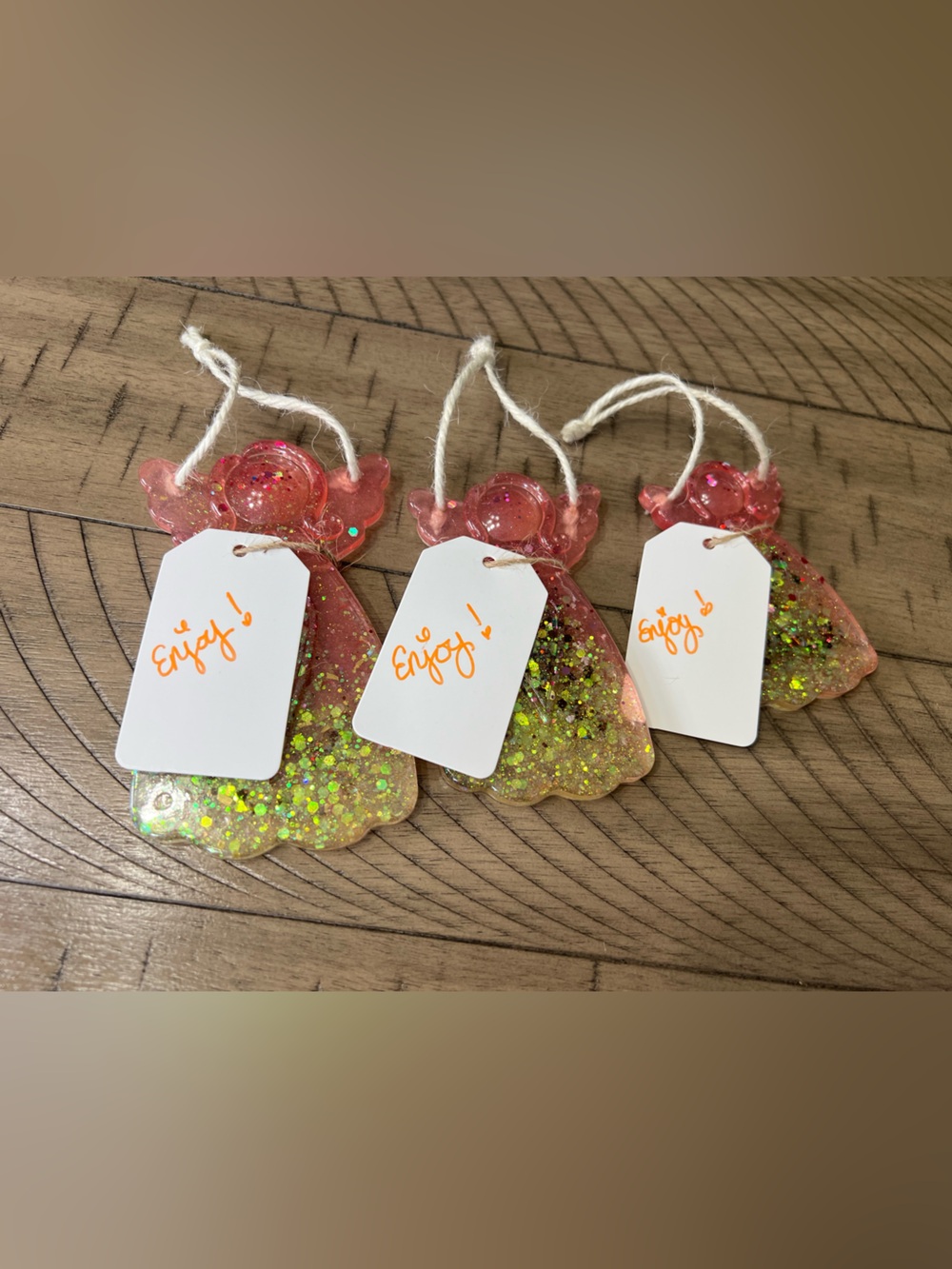Handmade Pink Glitter Resin Ice Cream Tag Ornament - Yellow-Green Glitter